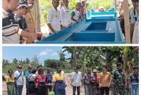 Kepala Desa Mota'ain Ambrosius Klau didampingi, Plt. Kepala Dinas PMD Kabupaten Malaka,  Kladius Kapu meresmikan Jalan Usaha Tani dan Penyerahan Kapal Tangkap Ikan kepala kelompok nelayan Nathedan. (Foto_red)