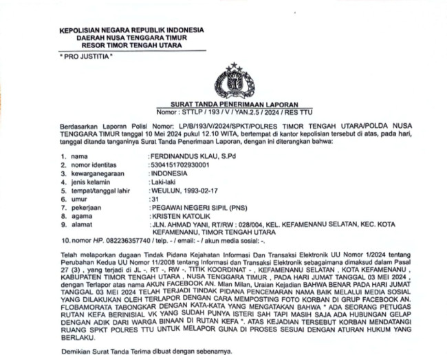 Bukti Laporan Polisi Atas Dugaan Akun Facebook Milan Milan (Foto)