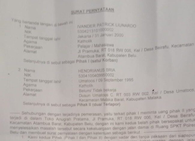 Surat Pernyataan Damai di Polres Belu 
