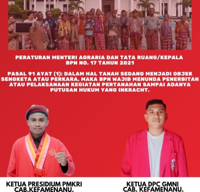 Gerakan Mahasiswa Nasional Indonesia (GMNI), dan Perhimpunan Mahasiswa Katolik Republik Indonesia (PMKRI), Secara Tegas Menolak Hibah Tanah Oleh Bupati Timor Tengah Utara (TTU), Kepada Tentara Nasional Indonesia (TNI).(Foto-Ist)