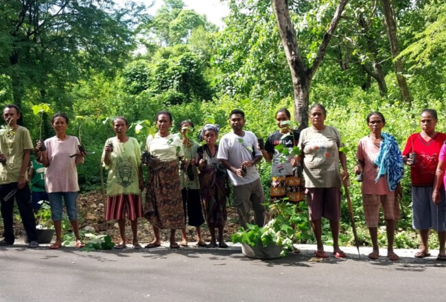 Kepala Desa Kateri bersama warga secara gotong royong melakukan penanaman pohon di sepanjang pinggir jalan yang melintasi kawasan Suaka Margasatwa Kateri. (Foto-Ist)